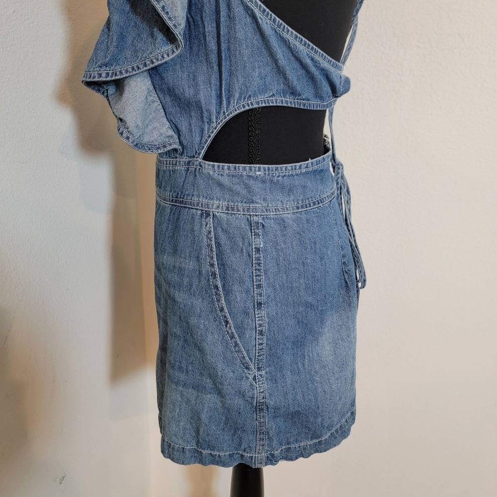Blue Denim Ruffle Lace Up Back Cut Out Romper Small Wash Boho Festival - Picture 14 of 15